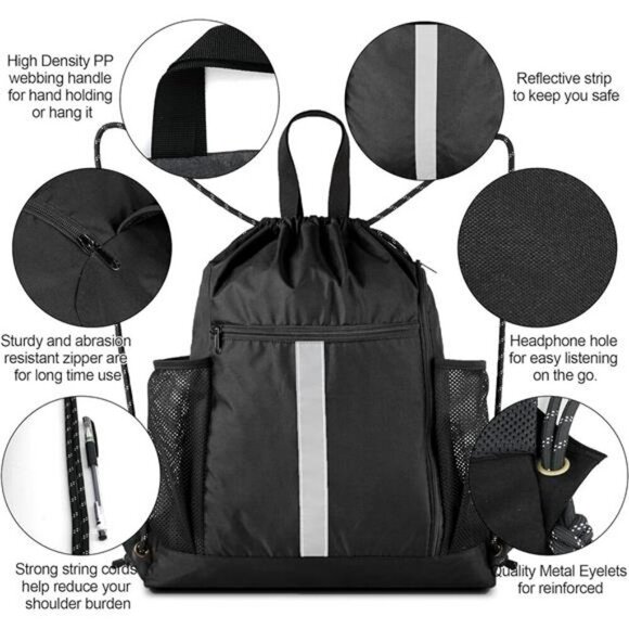 Drawstring Gym Backpack with Shoe Compartment Water Bottle Pockets Travel - Picture 6 of 7
